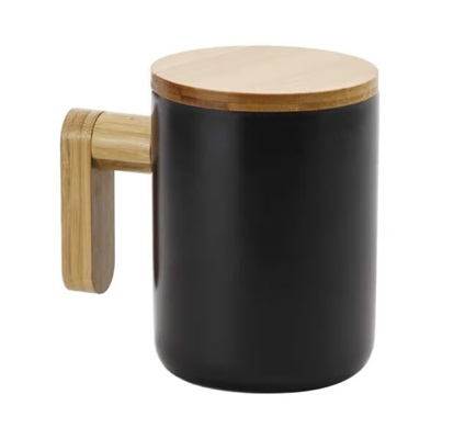 Black Ceramic Coffee Mugs with Bamboo Handle and Lid